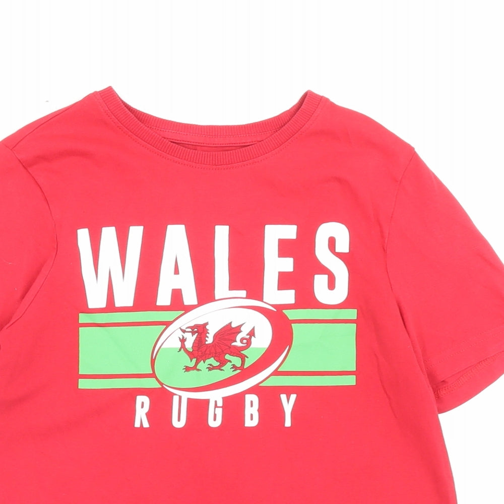 F&F Boys Red Cotton Basic T-Shirt Size 9-10 Years Crew Neck Pullover - Wales Rugby