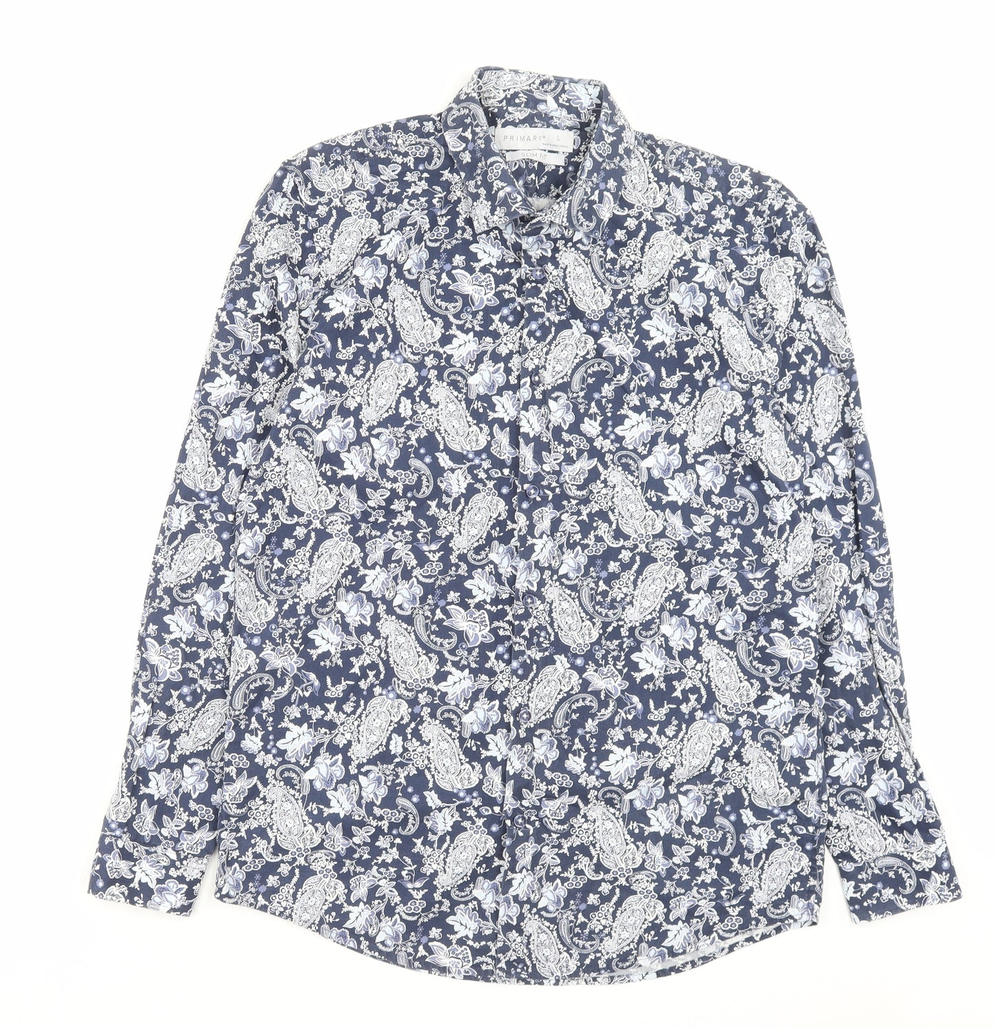 Primark Mens Blue Floral Cotton Button-Up Size L Collared Button