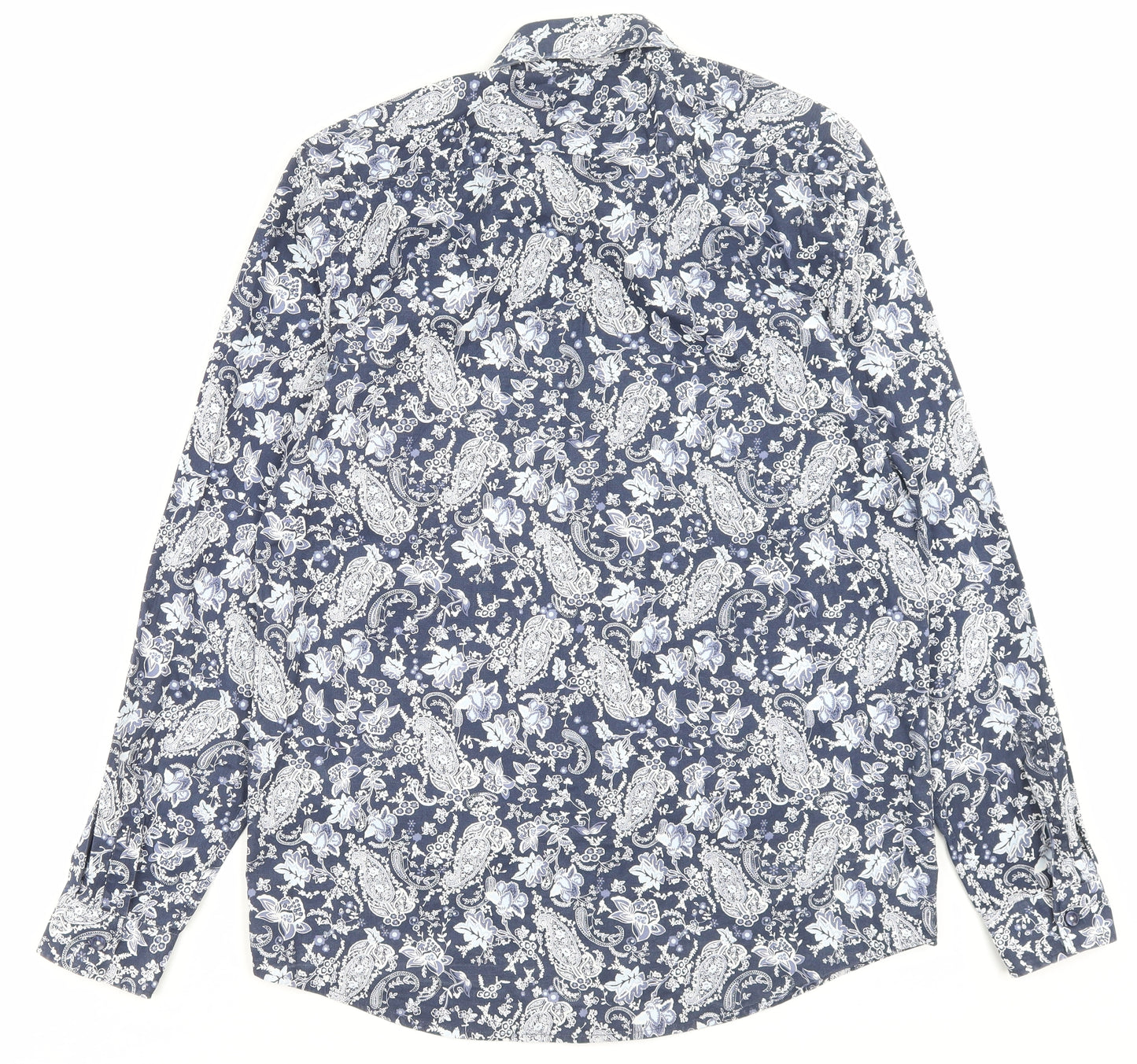 Primark Mens Blue Floral Cotton Button-Up Size L Collared Button
