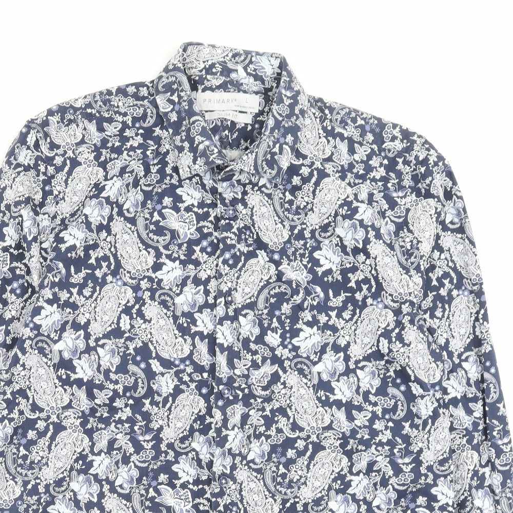 Primark Mens Blue Floral Cotton Button-Up Size L Collared Button