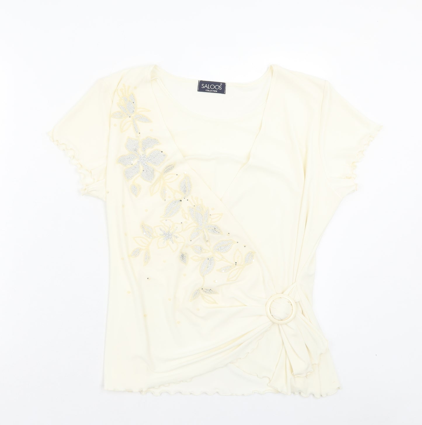 Saloos Womens Ivory Polyester Basic T-Shirt Size M Scoop Neck - Lettuce Edging