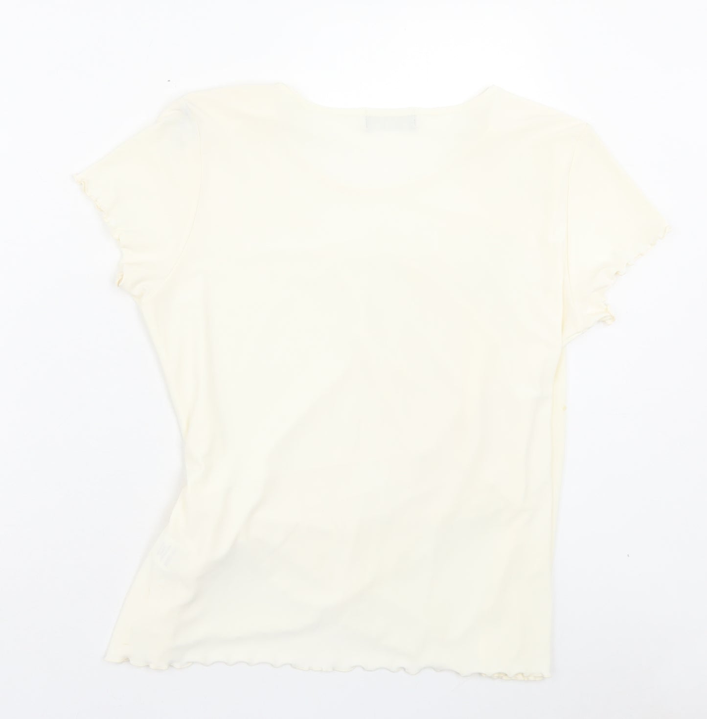 Saloos Womens Ivory Polyester Basic T-Shirt Size M Scoop Neck - Lettuce Edging
