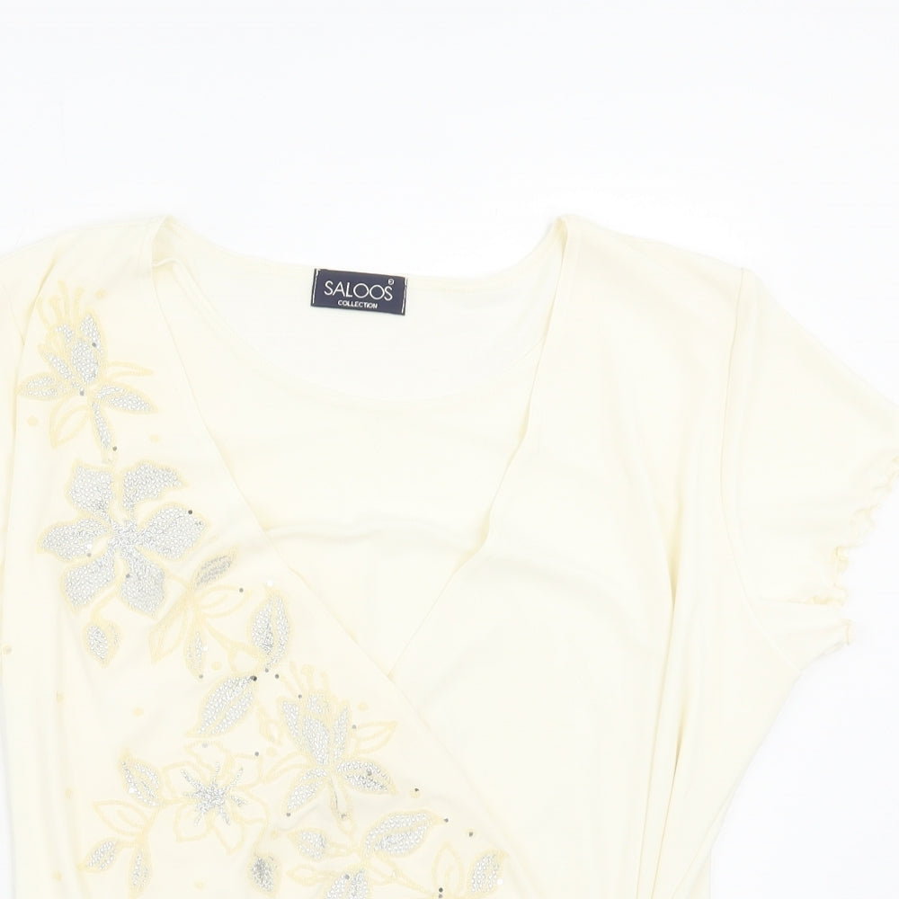 Saloos Womens Ivory Polyester Basic T-Shirt Size M Scoop Neck - Lettuce Edging