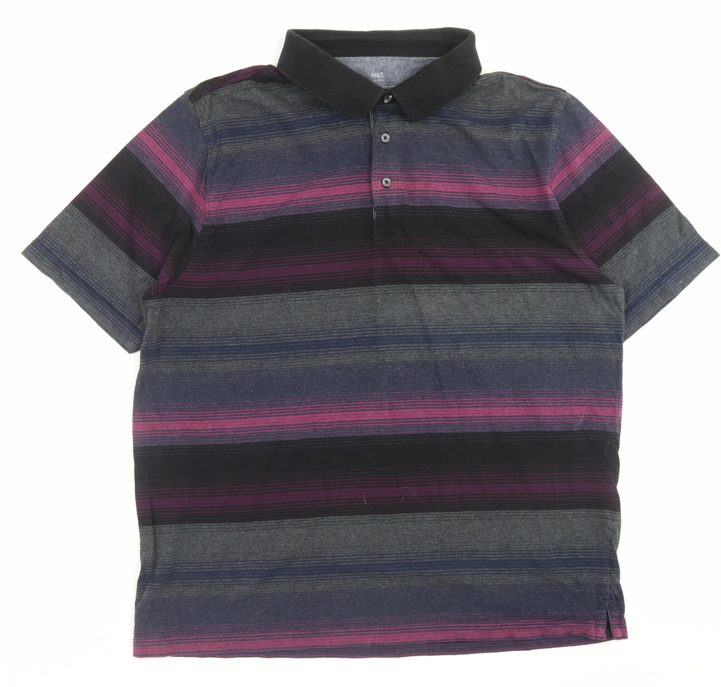 Marks and Spencer Mens Multicoloured Striped Cotton Polo Size XL Collared Button