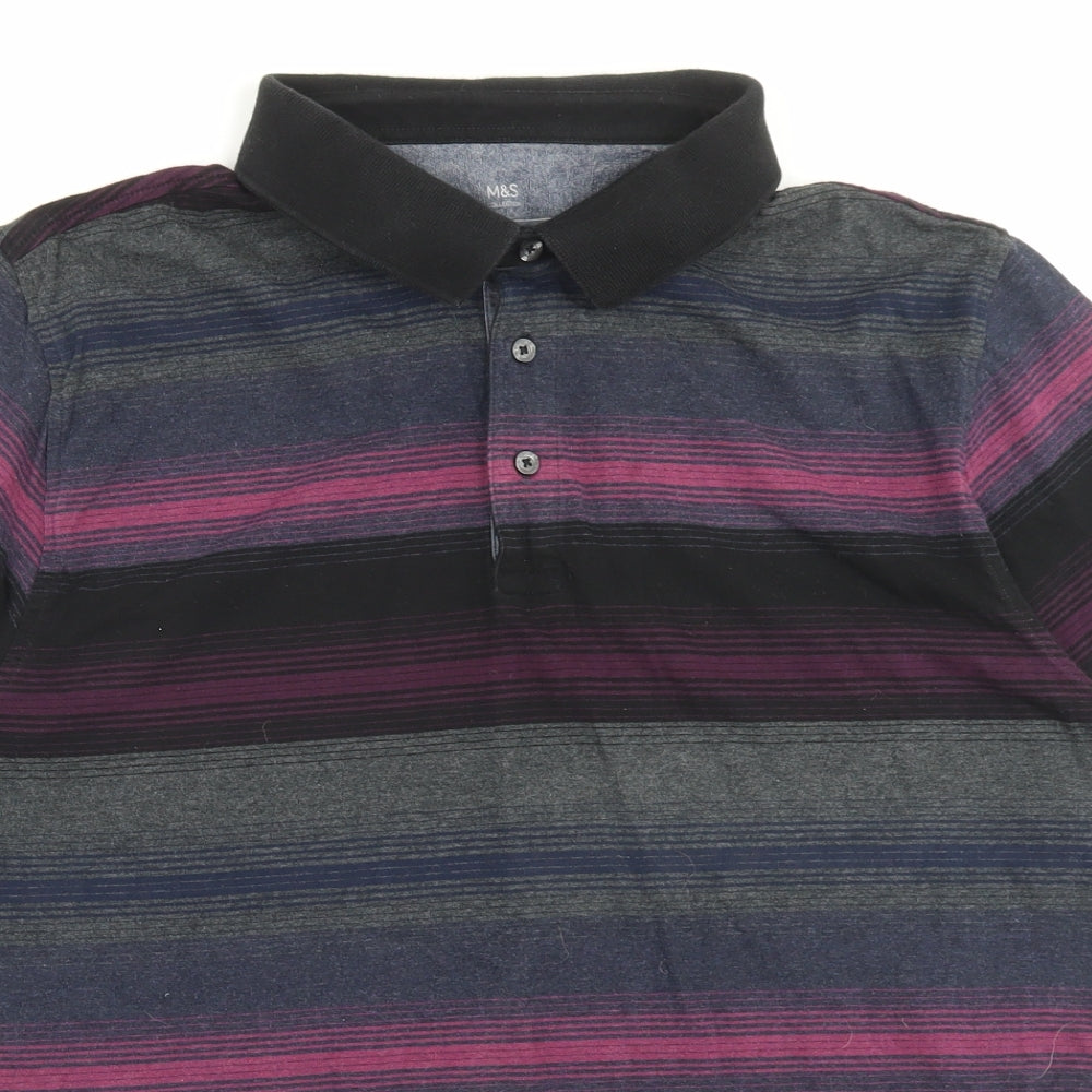 Marks and Spencer Mens Multicoloured Striped Cotton Polo Size XL Collared Button
