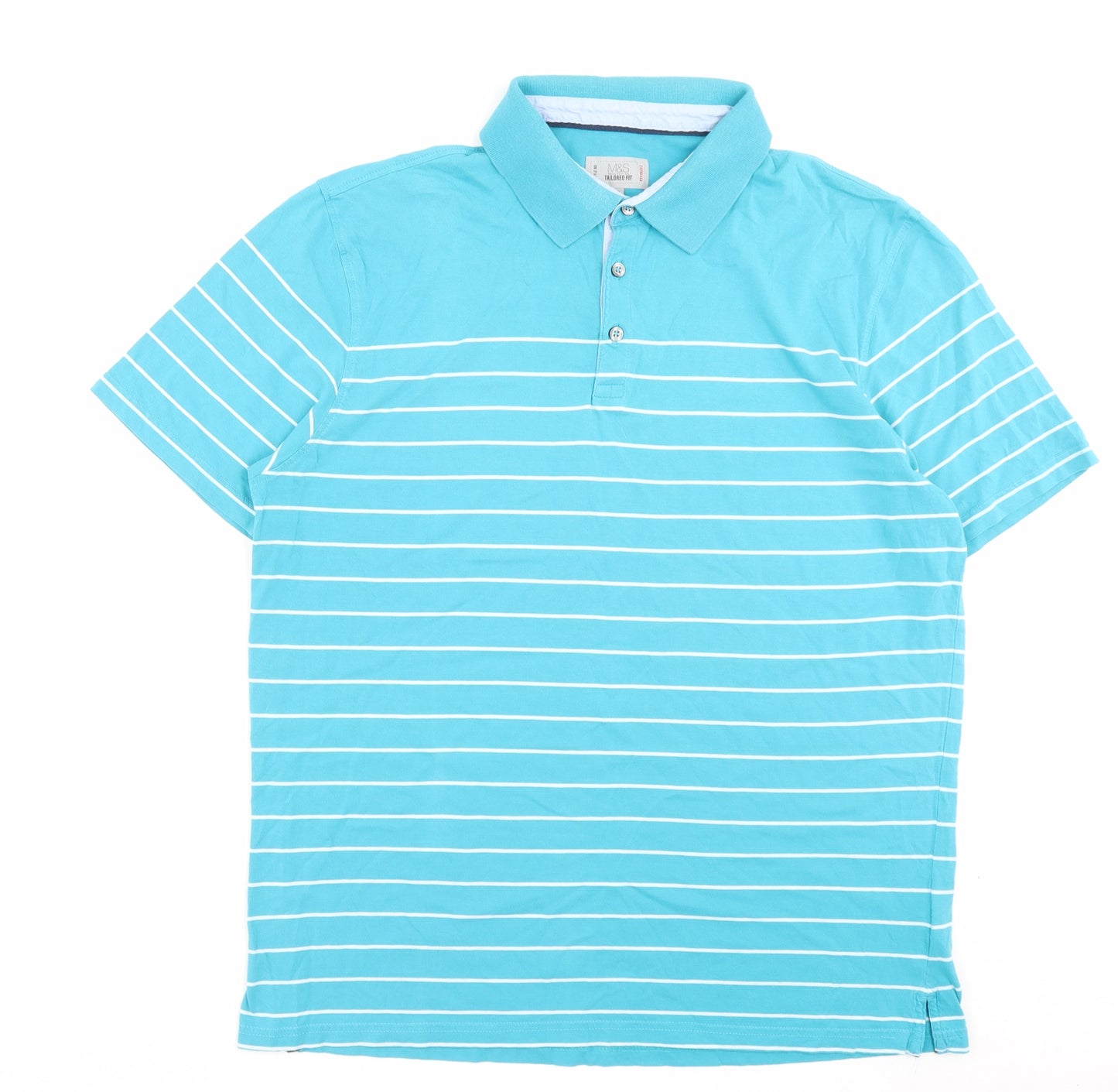 Marks and Spencer Mens Blue Striped Cotton Polo Size XL Collared Button