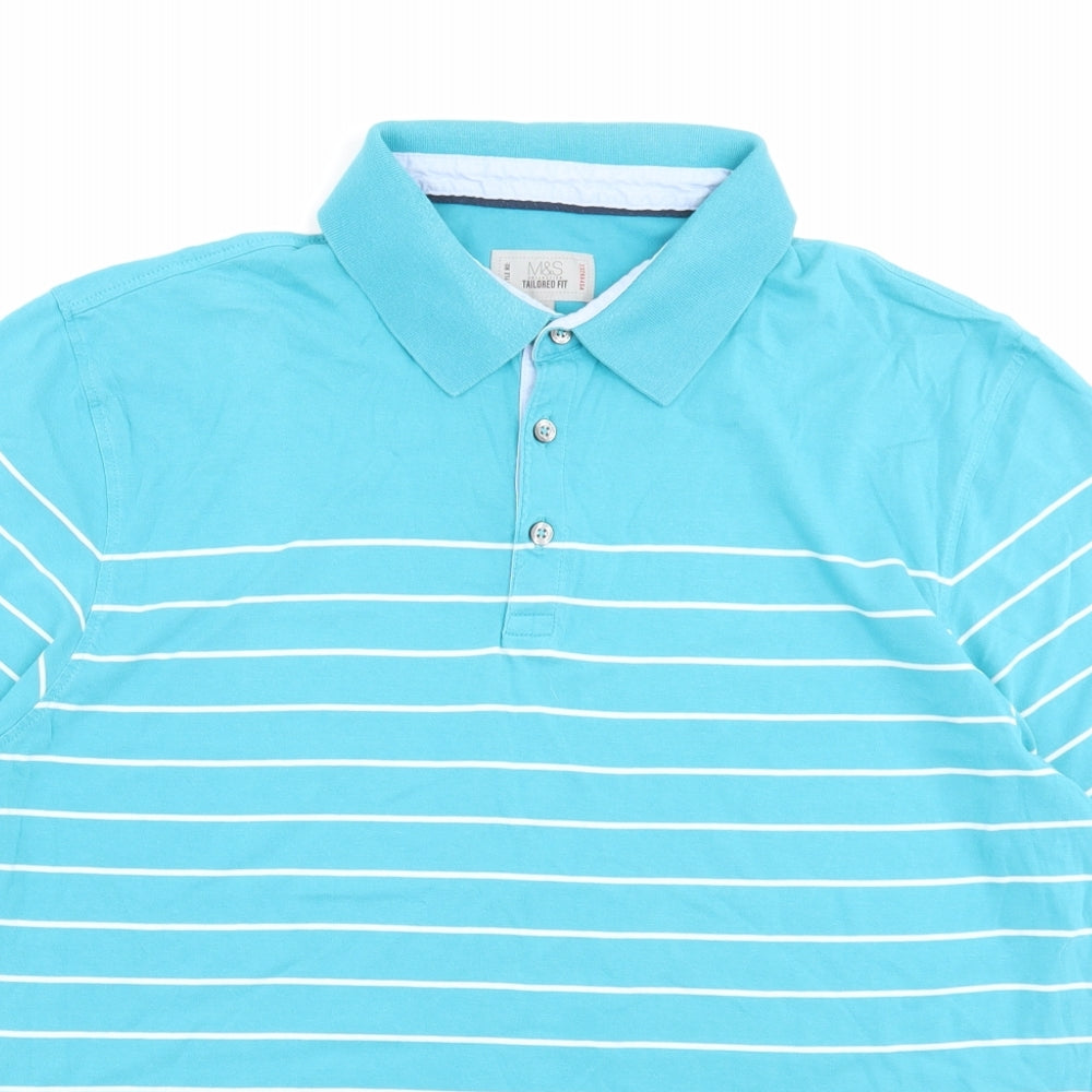 Marks and Spencer Mens Blue Striped Cotton Polo Size XL Collared Button