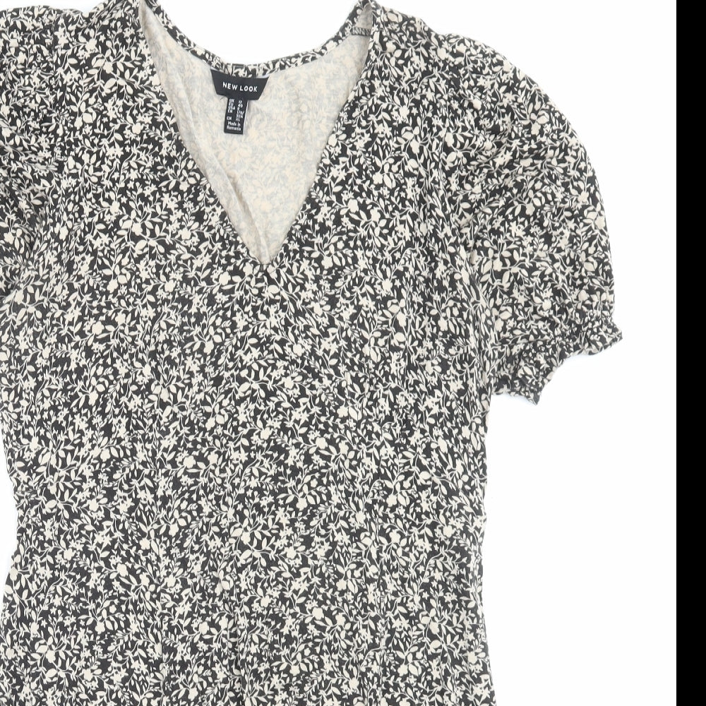 New Look Womens Brown Floral Viscose A-Line Size 12 V-Neck Pullover