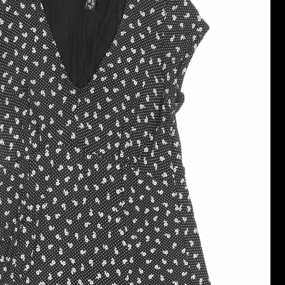 New Look Womens Black Floral Viscose A-Line Size 14 V-Neck Pullover