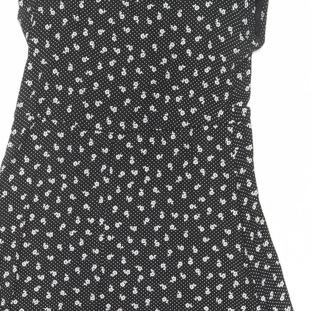 New Look Womens Black Floral Viscose A-Line Size 14 V-Neck Pullover