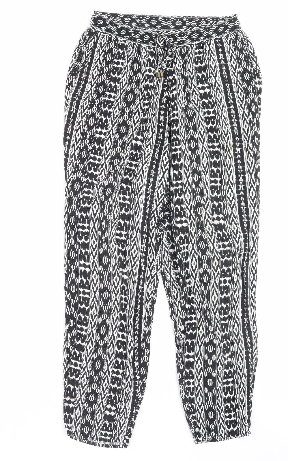 F&F Womens Black Geometric Viscose Trousers Size 8 L26 in Regular Drawstring