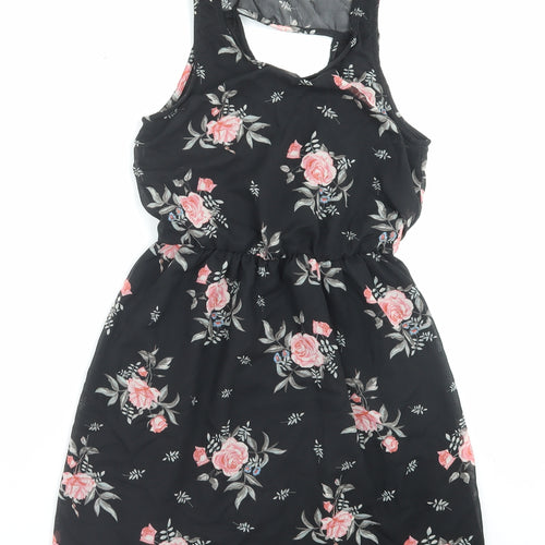 H&M Womens Black Floral Polyester A-Line Size 8 Scoop Neck Pullover