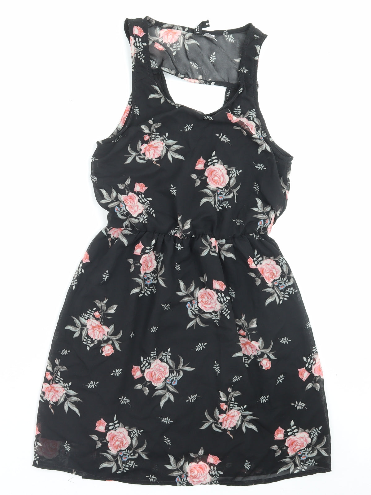 H&M Womens Black Floral Polyester A-Line Size 8 Scoop Neck Pullover