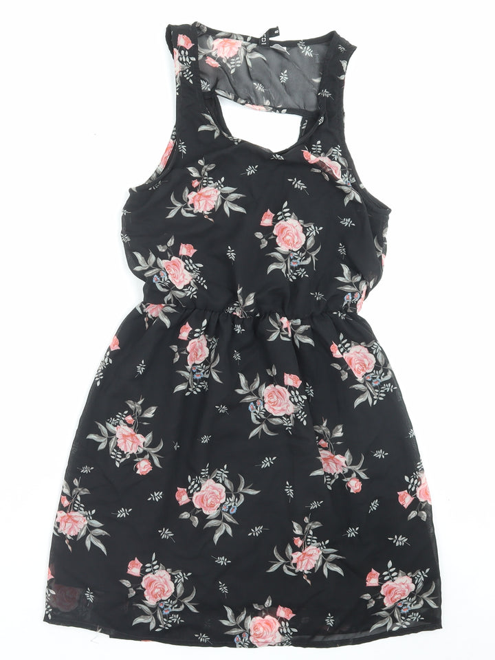 H&M Womens Black Floral Polyester A-Line Size 8 Scoop Neck Pullover