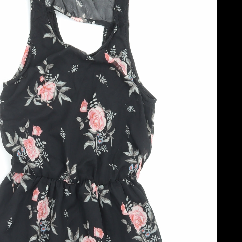 H&M Womens Black Floral Polyester A-Line Size 8 Scoop Neck Pullover