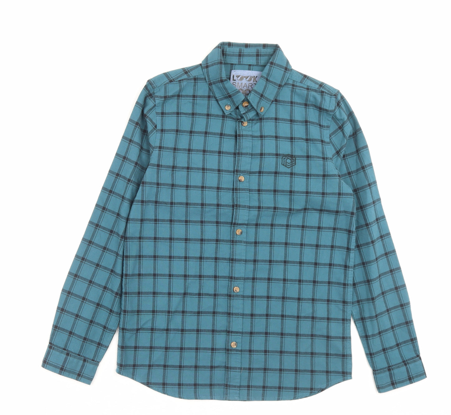 F&F Boys Blue Plaid Cotton Basic Button-Up Size 9-10 Years Collared Button