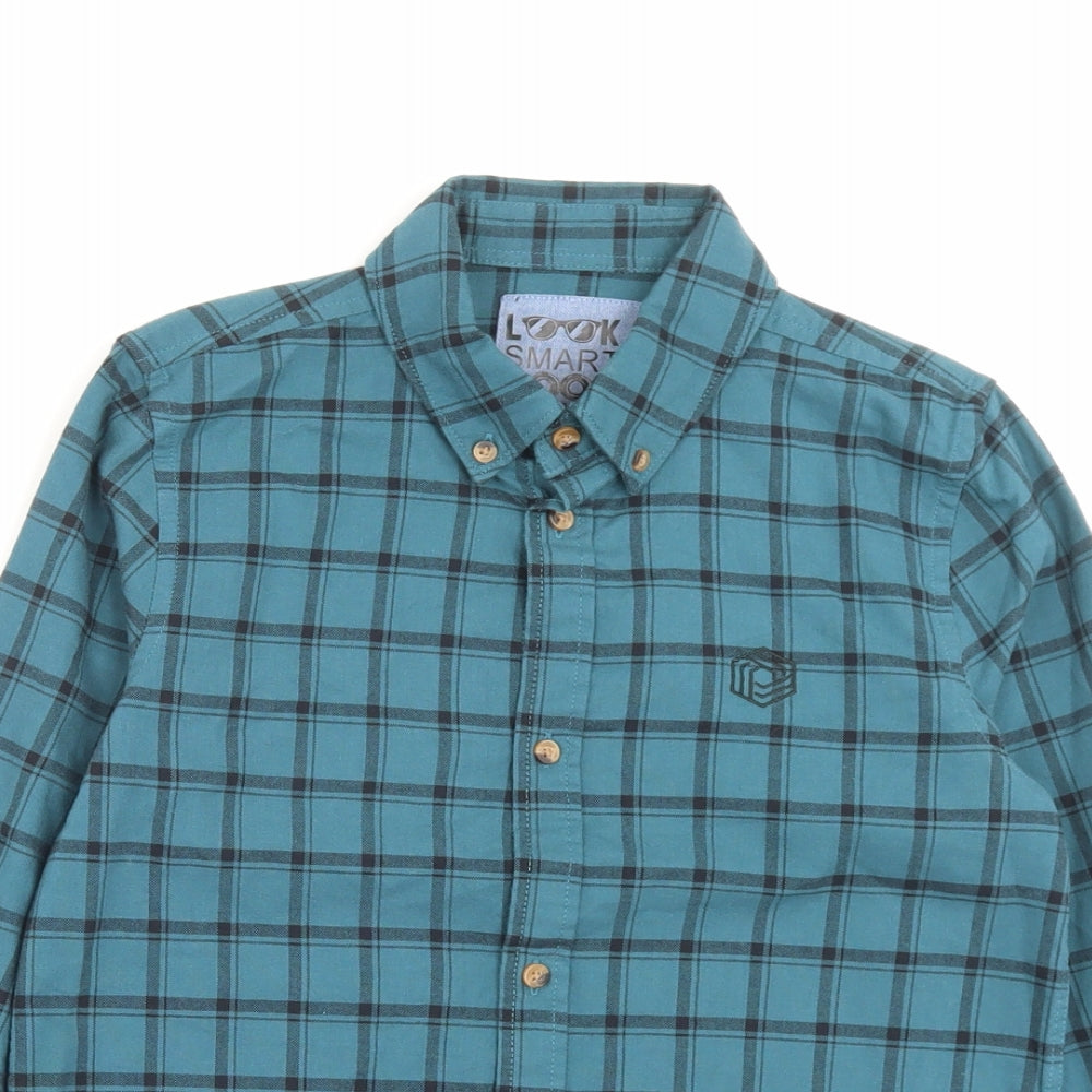 F&F Boys Blue Plaid Cotton Basic Button-Up Size 9-10 Years Collared Button