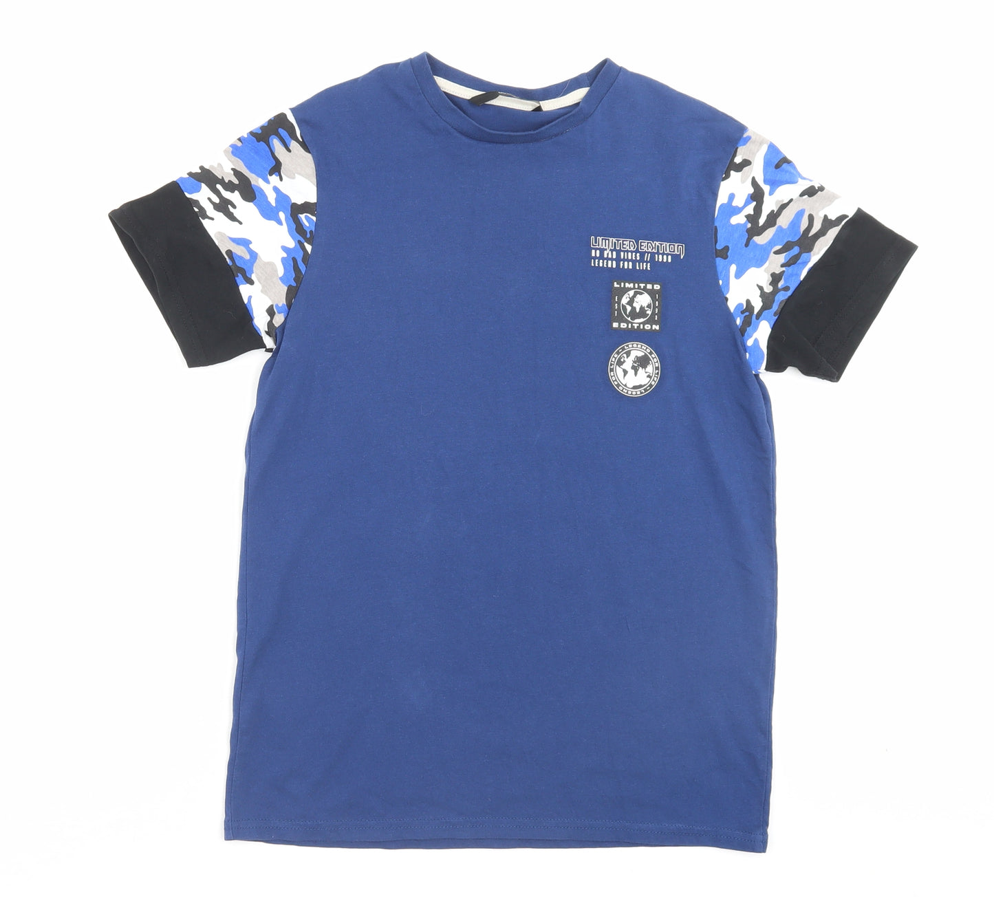George Boys Blue Camouflage Cotton Basic T-Shirt Size 11-12 Years Crew Neck Pullover