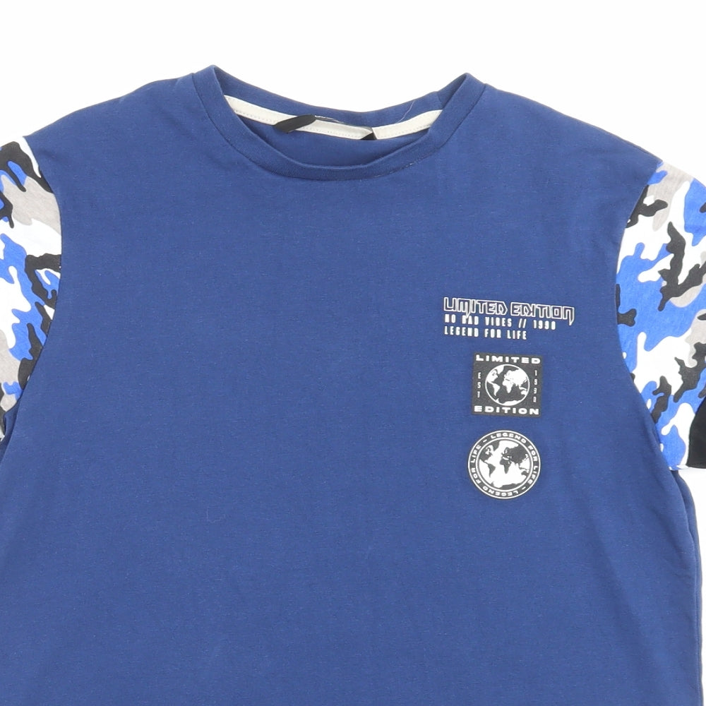 George Boys Blue Camouflage Cotton Basic T-Shirt Size 11-12 Years Crew Neck Pullover