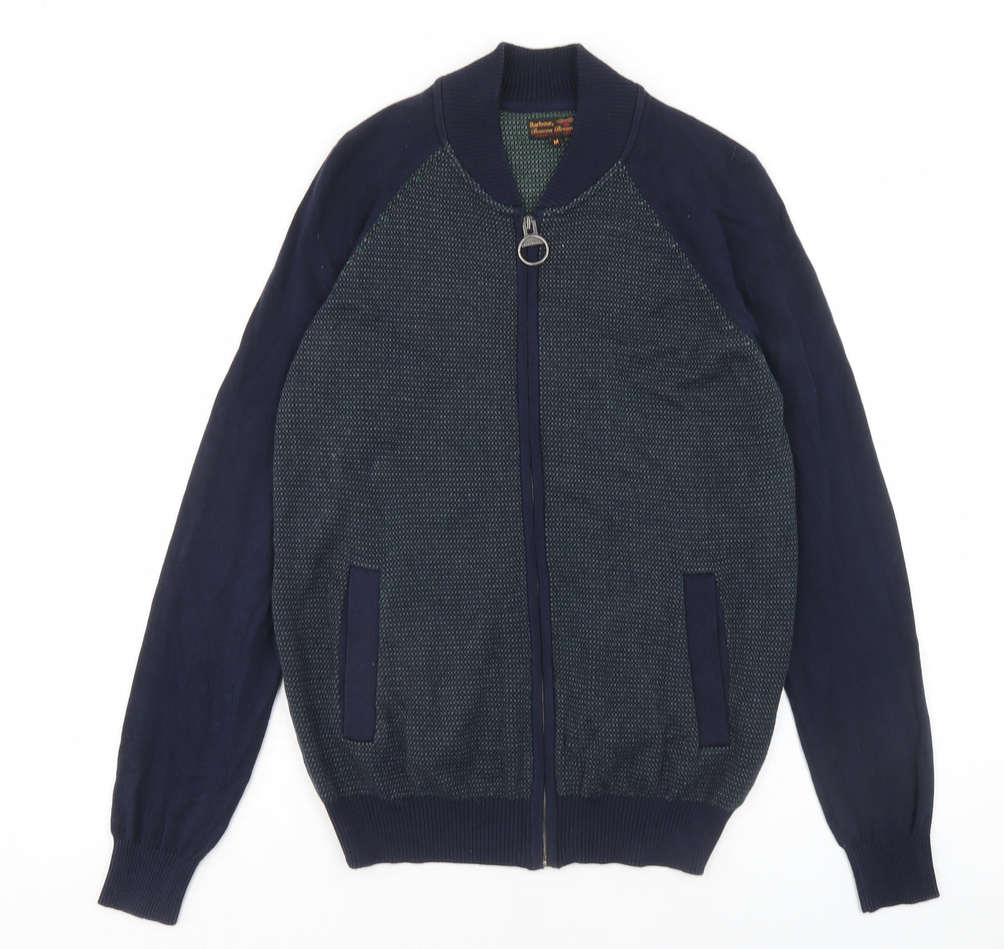 Barbour Mens Blue V-Neck Geometric Cotton Full Zip Jumper Size M