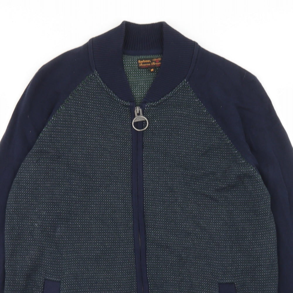 Barbour Mens Blue V-Neck Geometric Cotton Full Zip Jumper Size M