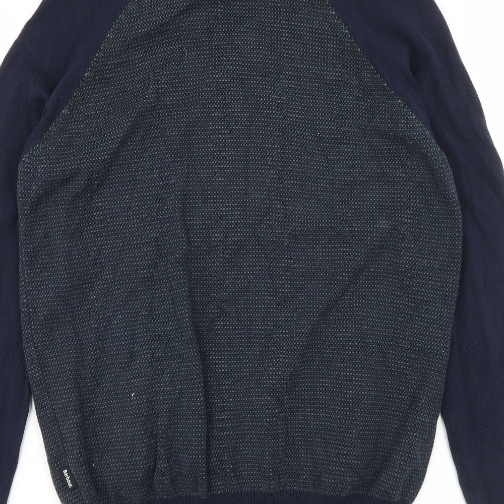 Barbour Mens Blue V-Neck Geometric Cotton Full Zip Jumper Size M