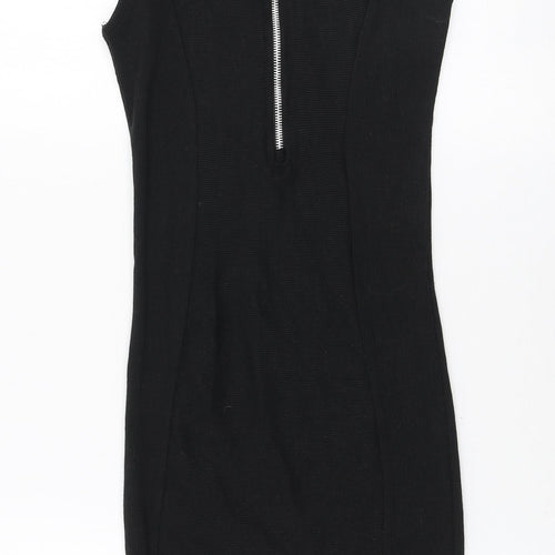 PRETTYLITTLETHING Womens Black Polyester Bodycon Size 4 Round Neck Zip - Ribbed fabric
