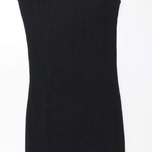 PRETTYLITTLETHING Womens Black Polyester Bodycon Size 4 Round Neck Zip - Ribbed fabric