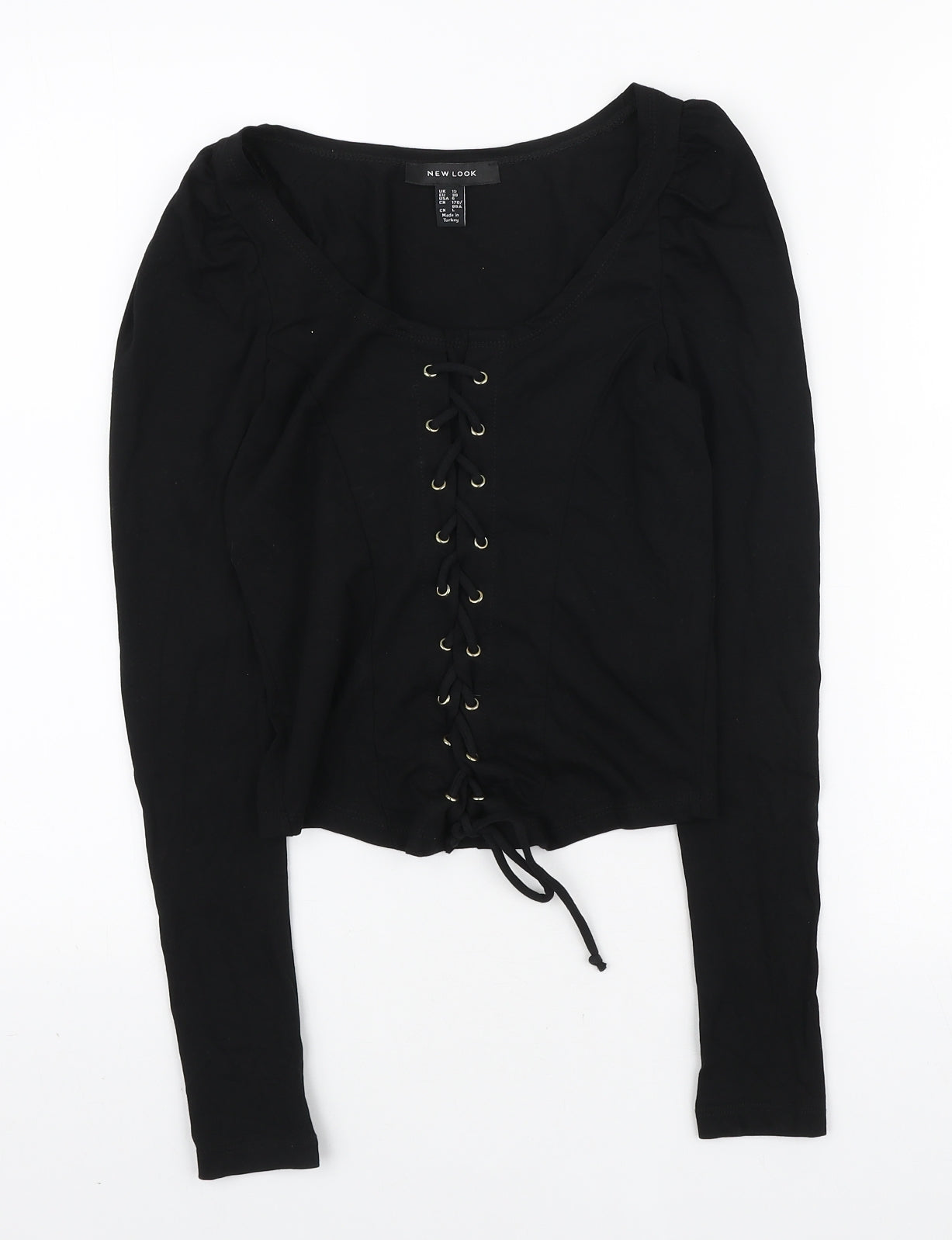 New Look Womens Black Cotton Basic T-Shirt Size 10 Scoop Neck - Corset detail