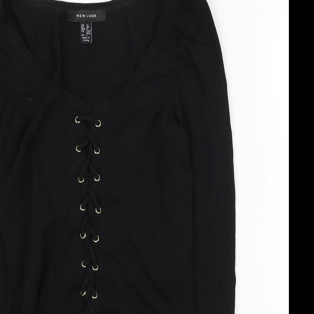 New Look Womens Black Cotton Basic T-Shirt Size 10 Scoop Neck - Corset detail