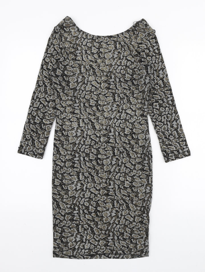 Topshop Womens Black Animal Print Nylon Bodycon Size 10 Boat Neck Pullover - Scoop Back