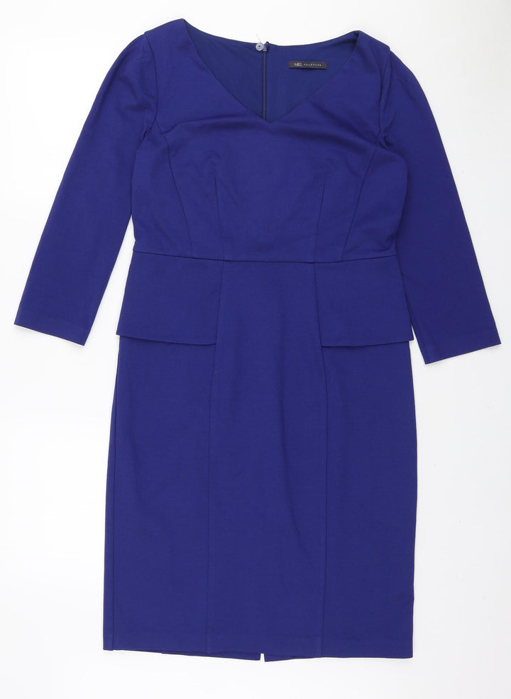 Marks and Spencer Womens Blue Viscose Pencil Dress Size 12 Boat Neck Zip