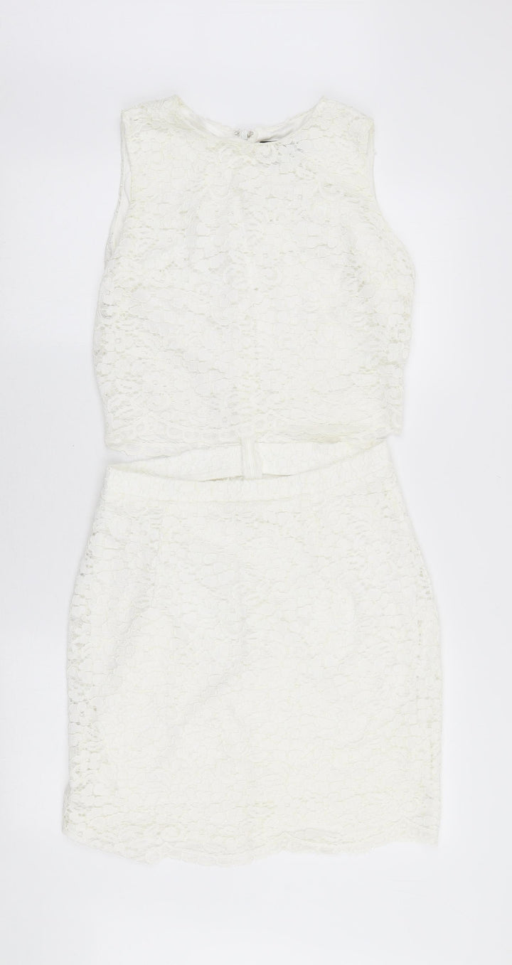 AX Paris Womens White Polyester Pencil Dress Size 14 Round Neck Zip