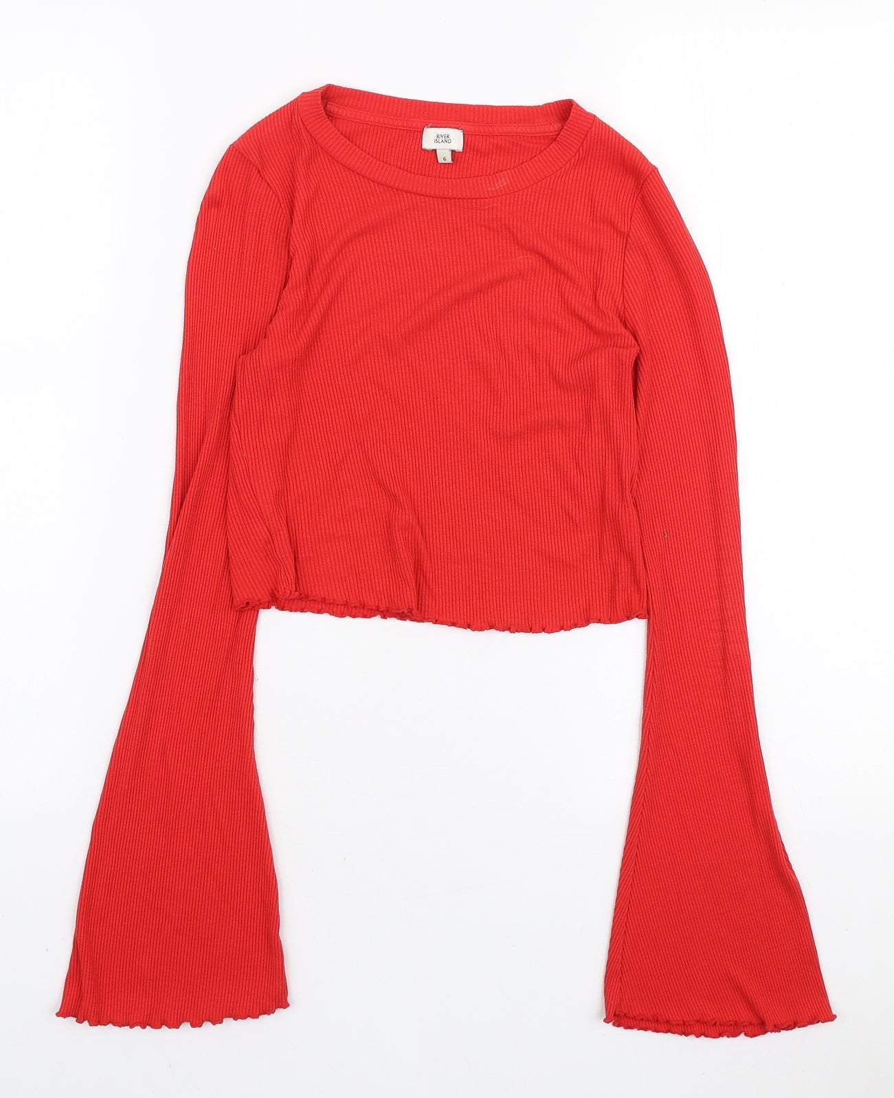 River Island Womens Red Viscose Basic T-Shirt Size 6 Round Neck - Bell Sleeve