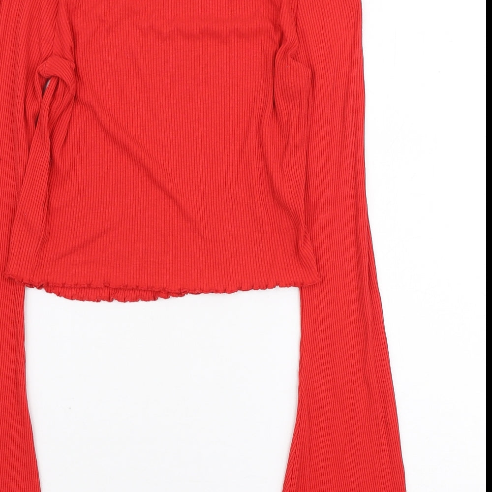 River Island Womens Red Viscose Basic T-Shirt Size 6 Round Neck - Bell Sleeve