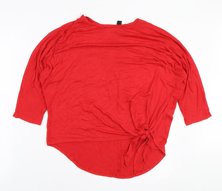 New Look Womens Red Viscose Basic T-Shirt Size 14 Boat Neck - Knot Side Detail