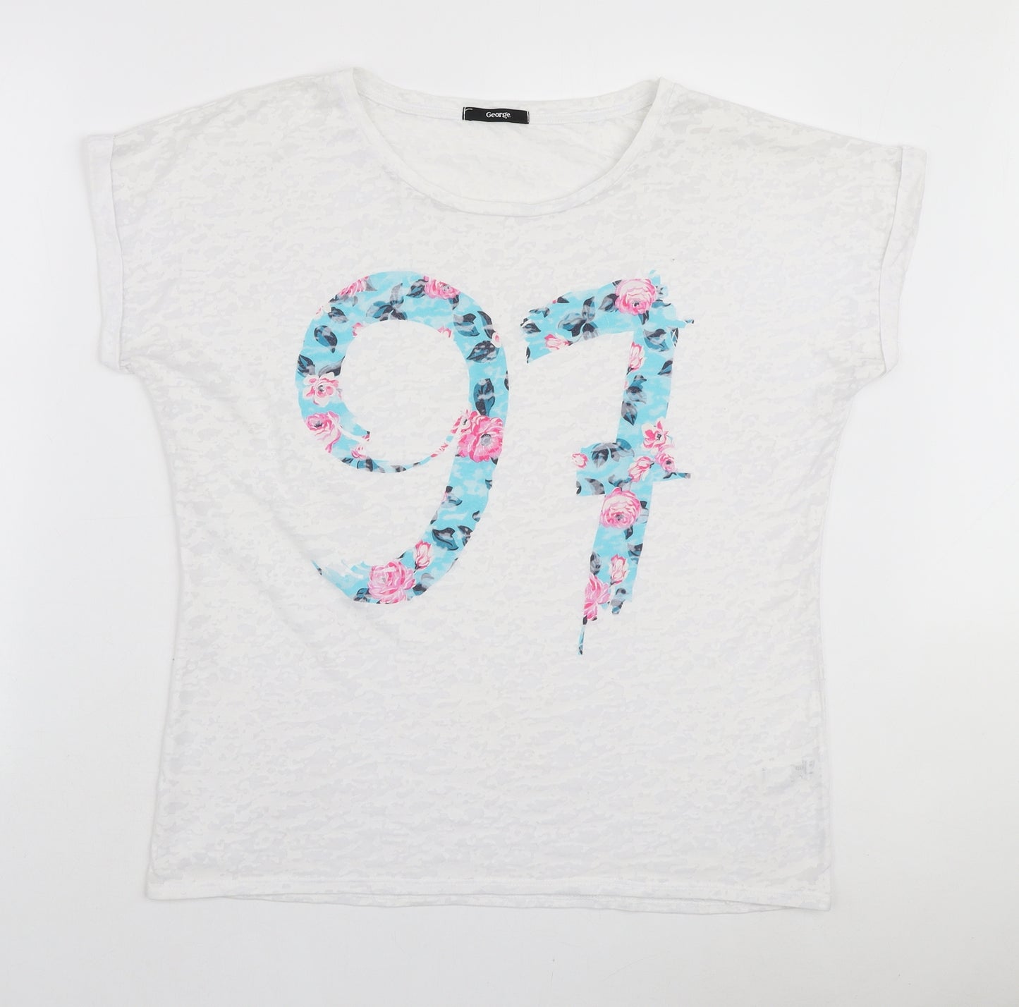 George Womens White Cotton Basic T-Shirt Size 14 Round Neck - 97 Floral Graphics