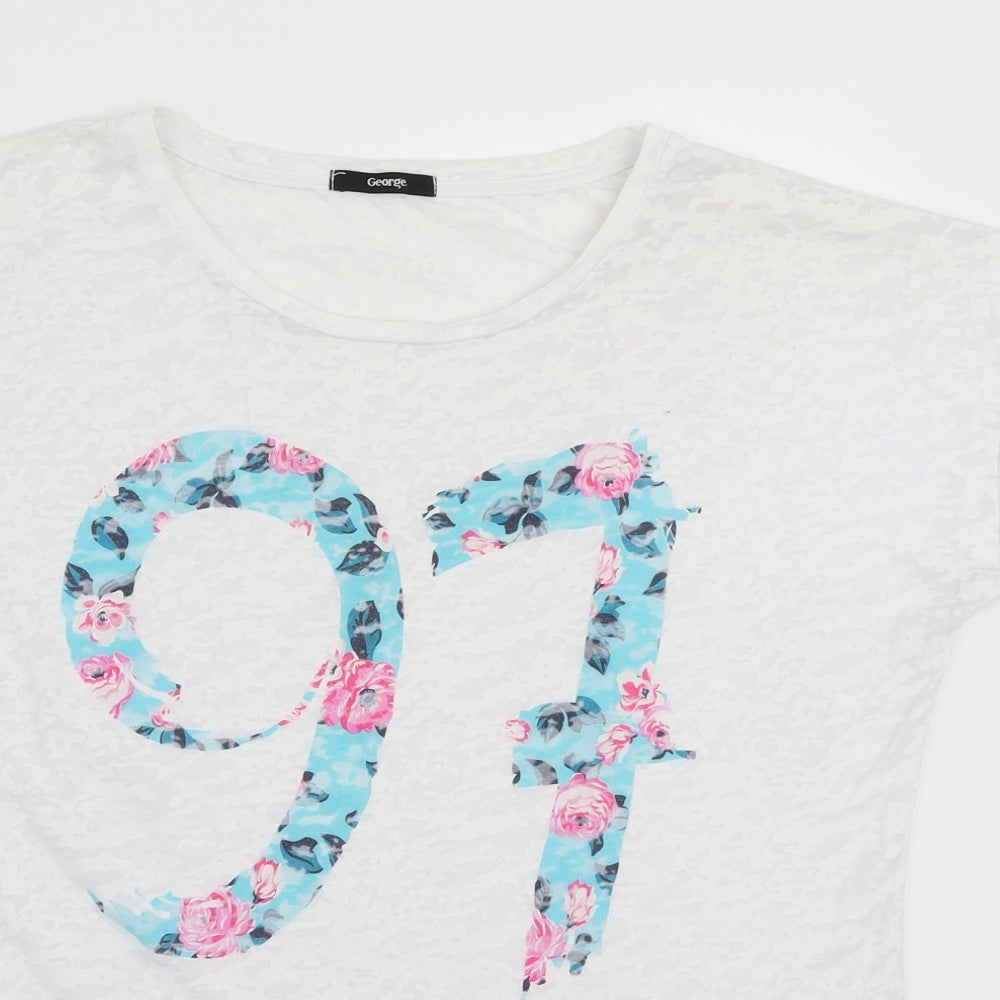 George Womens White Cotton Basic T-Shirt Size 14 Round Neck - 97 Floral Graphics