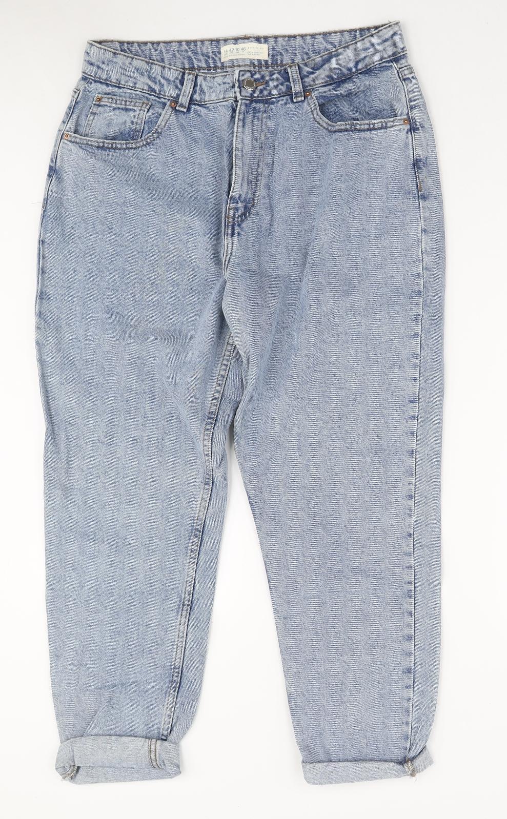 Primark Womens Blue Cotton Mom Jeans Size 14 L25 in Regular Zip