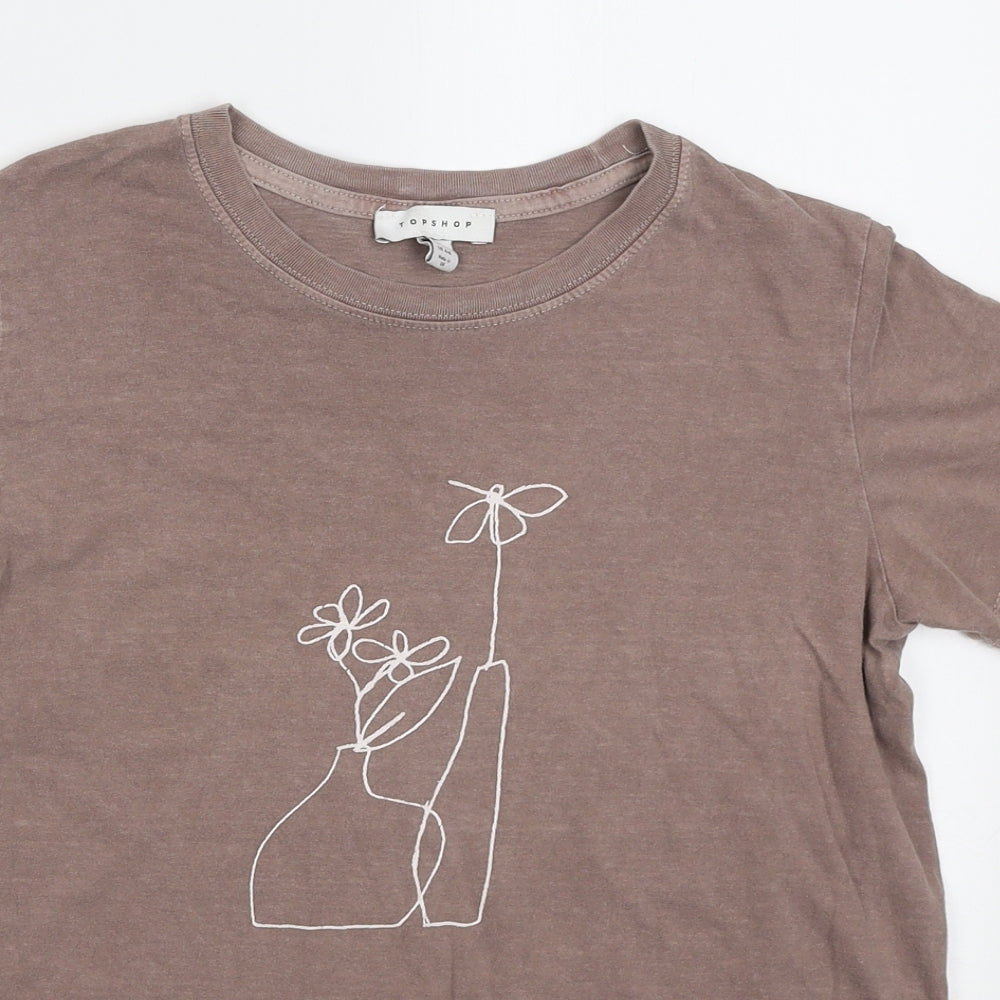 Topshop Womens Brown Cotton Basic T-Shirt Size S Round Neck - Flower Pot