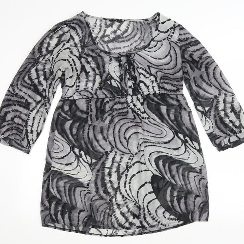 M&Co Womens Grey Geometric Polyester A-Line Size 14 Scoop Neck Button