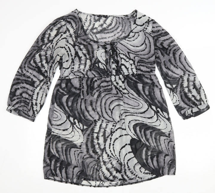 M&Co Womens Grey Geometric Polyester A-Line Size 14 Scoop Neck Button