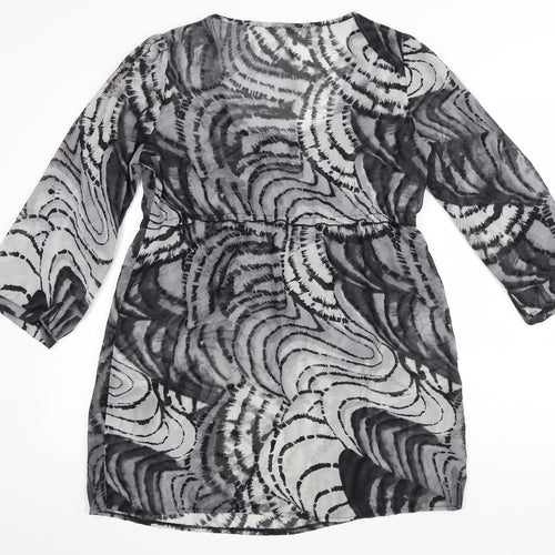 M&Co Womens Grey Geometric Polyester A-Line Size 14 Scoop Neck Button