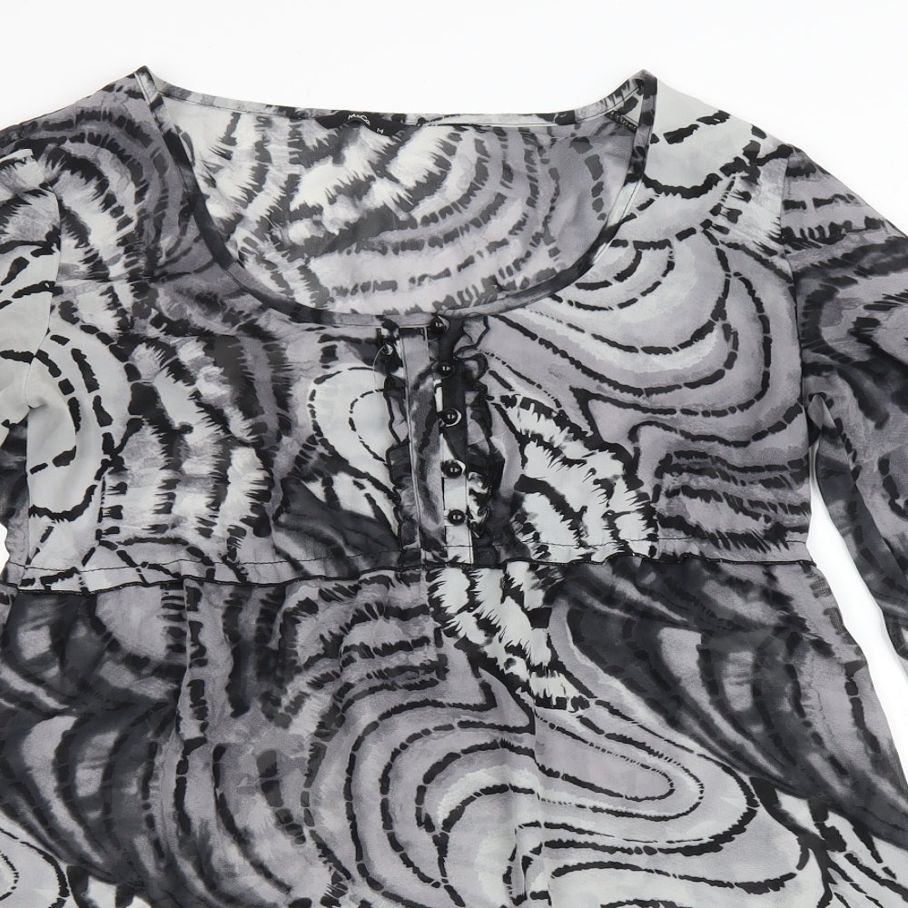 M&Co Womens Grey Geometric Polyester A-Line Size 14 Scoop Neck Button