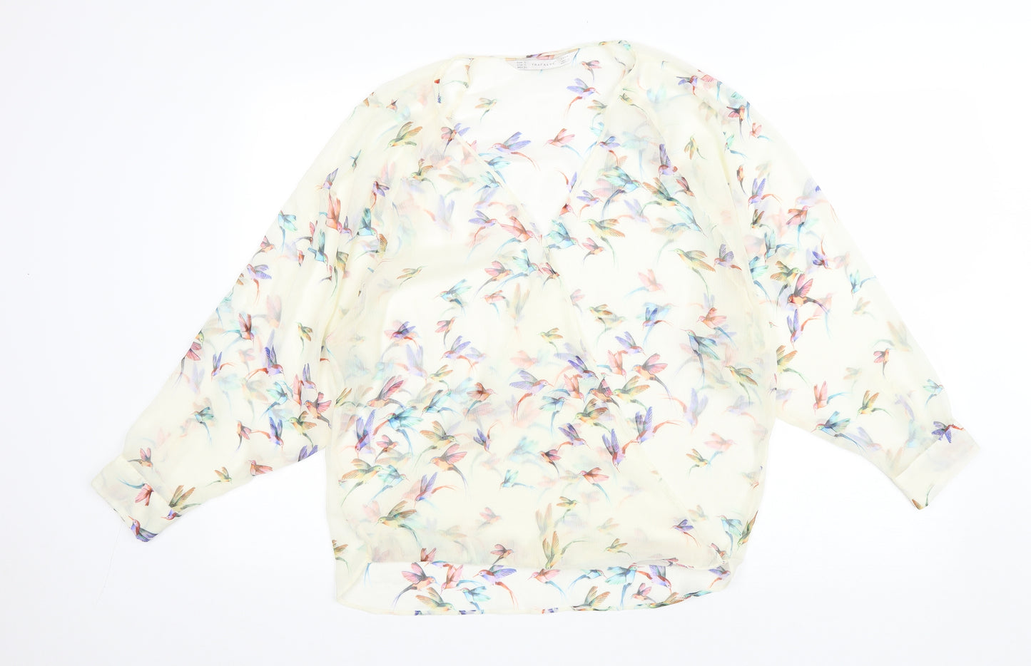 Zara Womens White Geometric Polyester Wrap Blouse Size S V-Neck - Bird Print