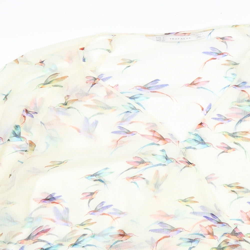 Zara Womens White Geometric Polyester Wrap Blouse Size S V-Neck - Bird Print
