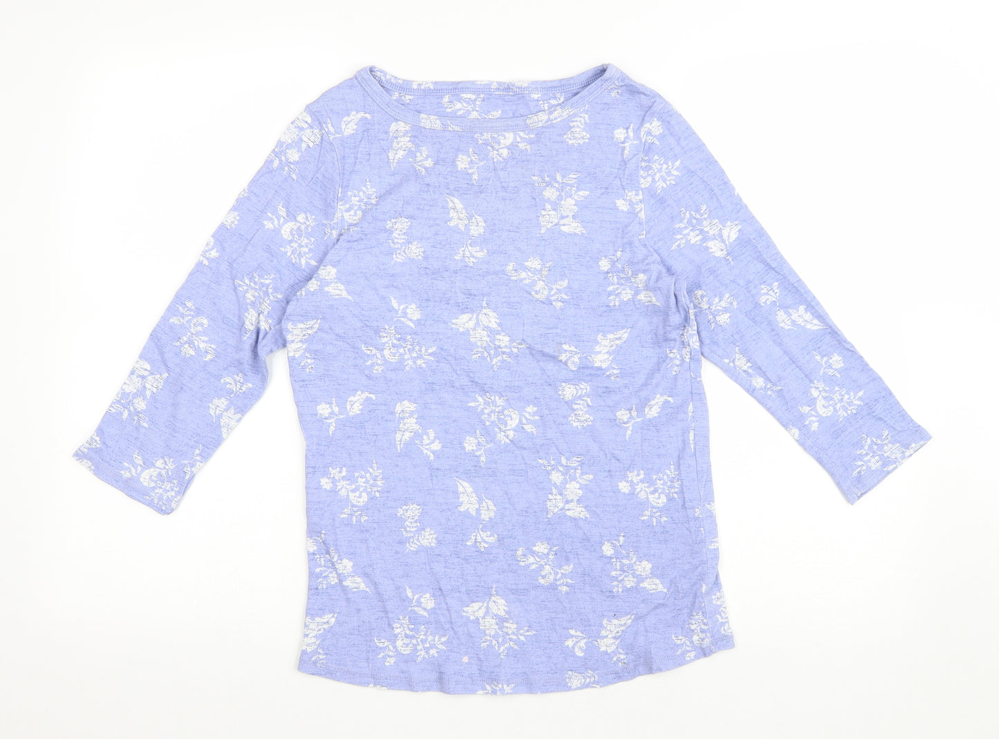 Marks and Spencer Womens Blue Floral Cotton Basic T-Shirt Size 14 Round Neck