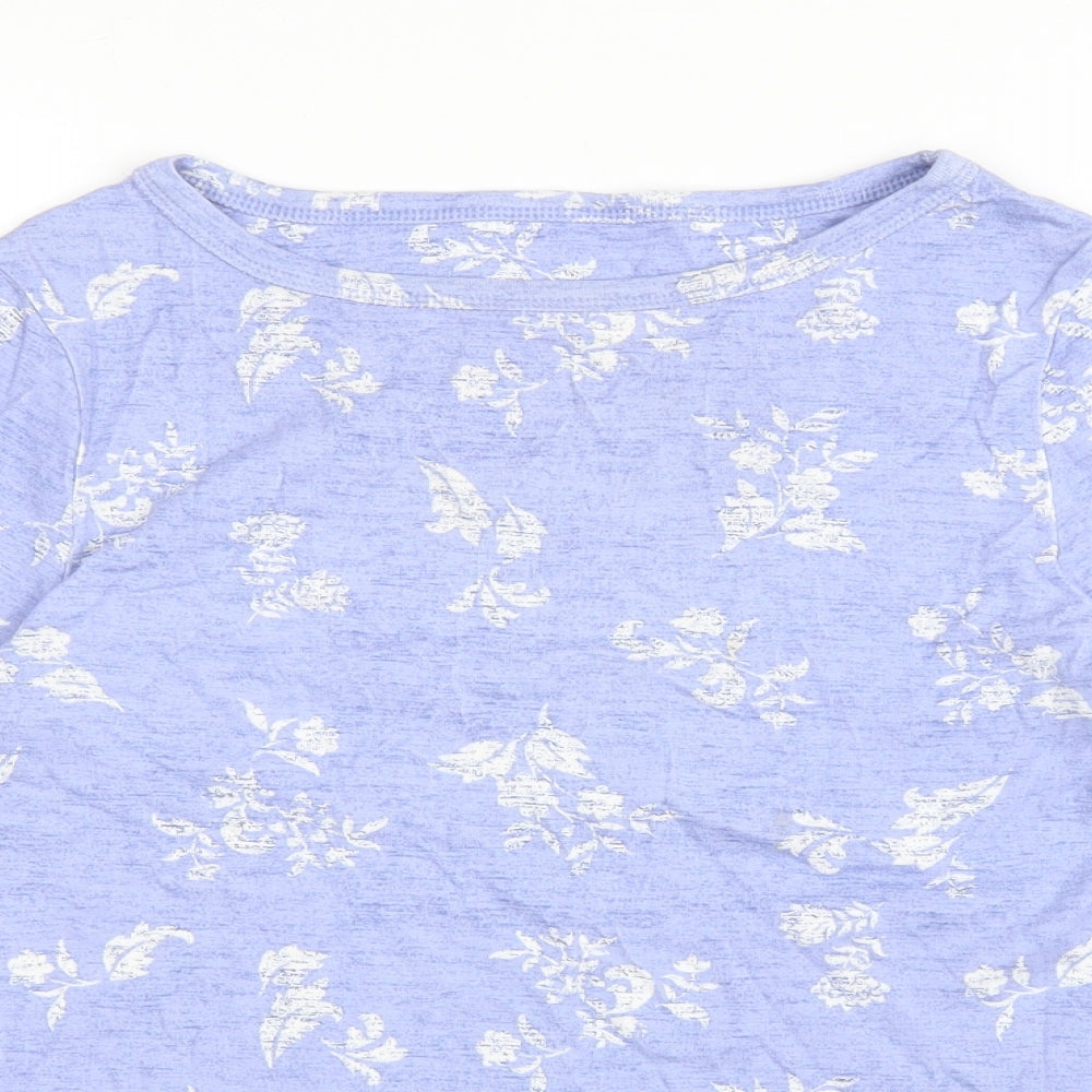 Marks and Spencer Womens Blue Floral Cotton Basic T-Shirt Size 14 Round Neck