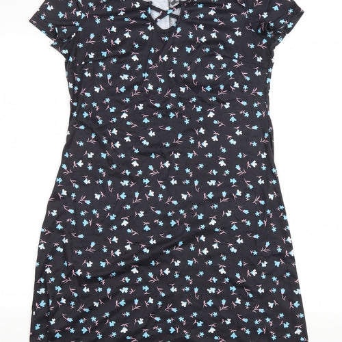SHEILAY Womens Black Floral Polyester T-Shirt Dress Size M V-Neck Pullover - Lace up detail