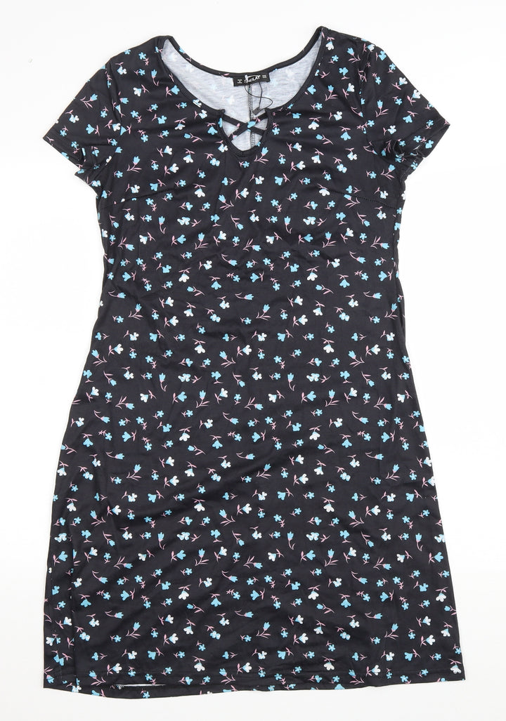 SHEILAY Womens Black Floral Polyester T-Shirt Dress Size M V-Neck Pullover - Lace up detail